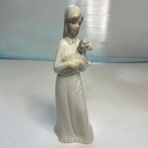 Vintage Porceval Lady with Lamb White Porcelain Figurine